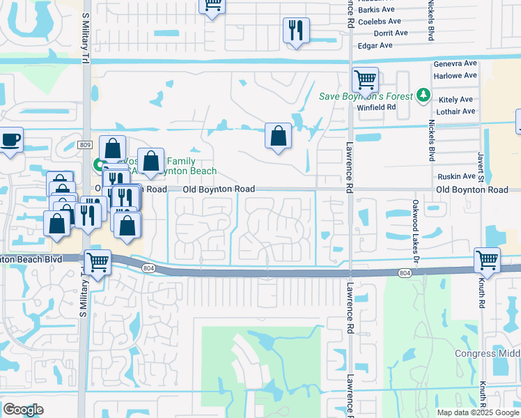 map of restaurants, bars, coffee shops, grocery stores, and more near 4290 Pear Tree Circle in Boynton Beach