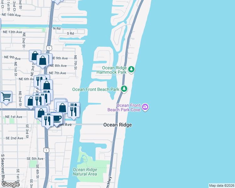 map of restaurants, bars, coffee shops, grocery stores, and more near 6520 North Ocean Boulevard in Ocean Ridge