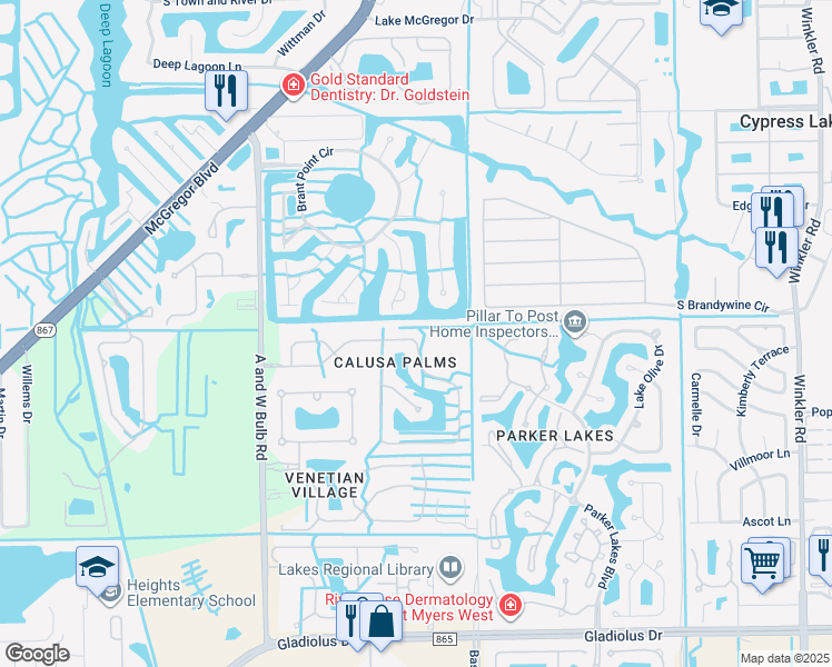 map of restaurants, bars, coffee shops, grocery stores, and more near 14770 Calusa Palms Drive in Fort Myers