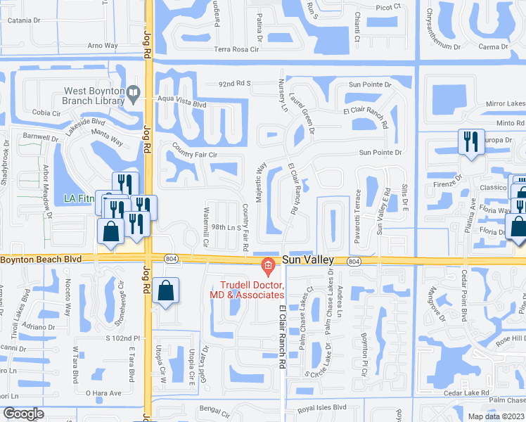map of restaurants, bars, coffee shops, grocery stores, and more near 9736 Majestic Way in Boynton Beach