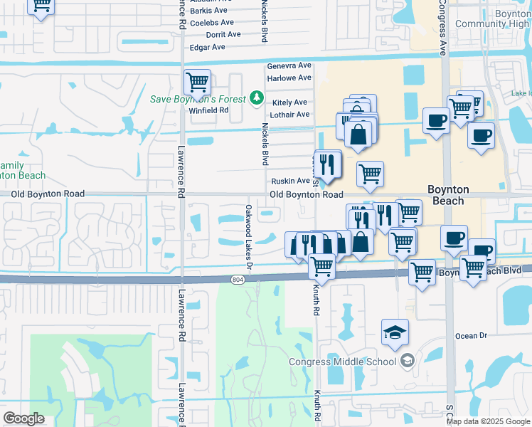 map of restaurants, bars, coffee shops, grocery stores, and more near 9777 Nickels Boulevard in Boynton Beach