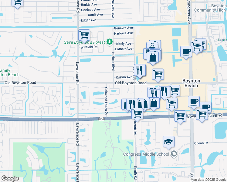 map of restaurants, bars, coffee shops, grocery stores, and more near 9777 Nickels Boulevard in Boynton Beach