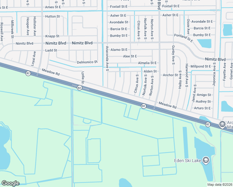 map of restaurants, bars, coffee shops, grocery stores, and more near 2860 Meadow Road in Lehigh Acres