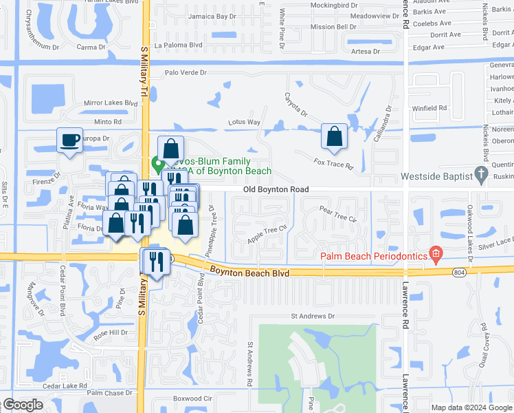 map of restaurants, bars, coffee shops, grocery stores, and more near 4555 Pandanus Tree Road in Boynton Beach