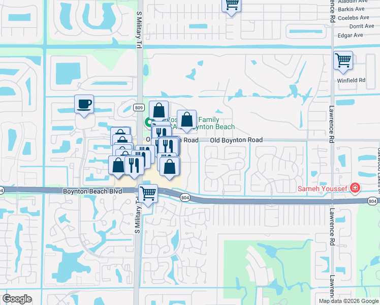 map of restaurants, bars, coffee shops, grocery stores, and more near 9840 Pineapple Tree Drive in Boynton Beach
