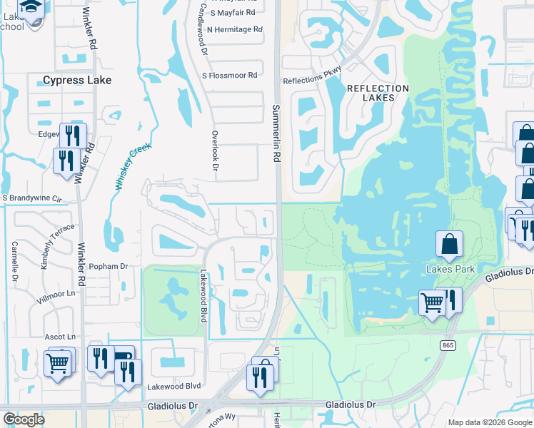 map of restaurants, bars, coffee shops, grocery stores, and more near 14480 Lakewood Boulevard in Fort Myers