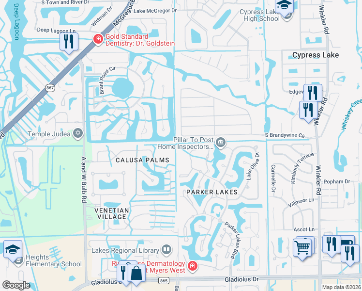 map of restaurants, bars, coffee shops, grocery stores, and more near 14551 Daffodil Drive in Fort Myers