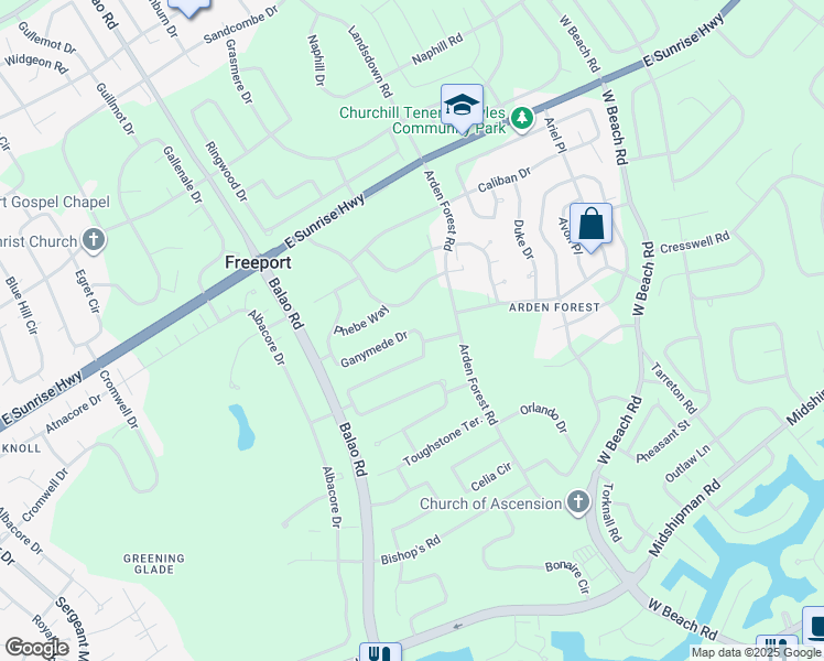 map of restaurants, bars, coffee shops, grocery stores, and more near Ganymede Drive in Freeport