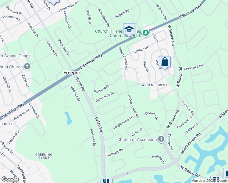 map of restaurants, bars, coffee shops, grocery stores, and more near Ganymede Drive in Freeport