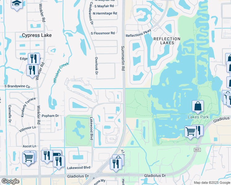 map of restaurants, bars, coffee shops, grocery stores, and more near 14480 Lakewood Boulevard in Fort Myers