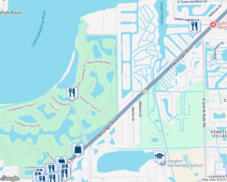 map of restaurants, bars, coffee shops, grocery stores, and more near 11044 Harbour Yacht Court in Fort Myers