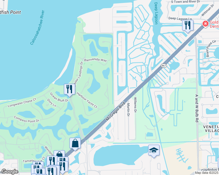 map of restaurants, bars, coffee shops, grocery stores, and more near 11044 Harbour Yacht Court in Fort Myers