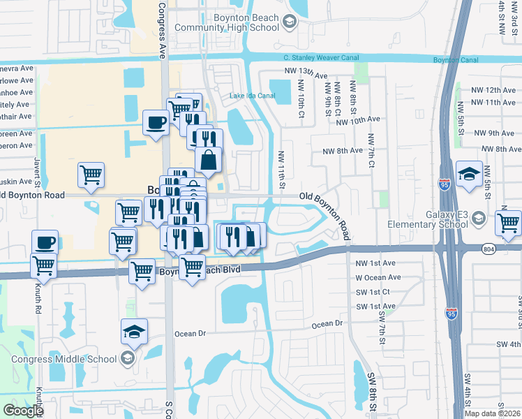 map of restaurants, bars, coffee shops, grocery stores, and more near 404 Venice Drive in Boynton Beach