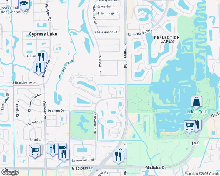 map of restaurants, bars, coffee shops, grocery stores, and more near 14513 Cypress Trace Court in Fort Myers