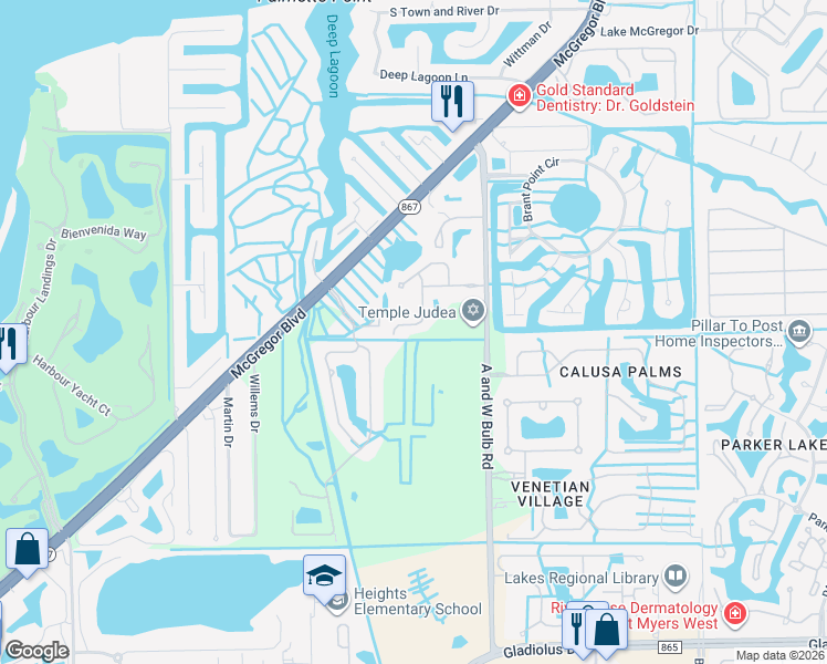 map of restaurants, bars, coffee shops, grocery stores, and more near 14471 Pine Lily Drive in Fort Myers