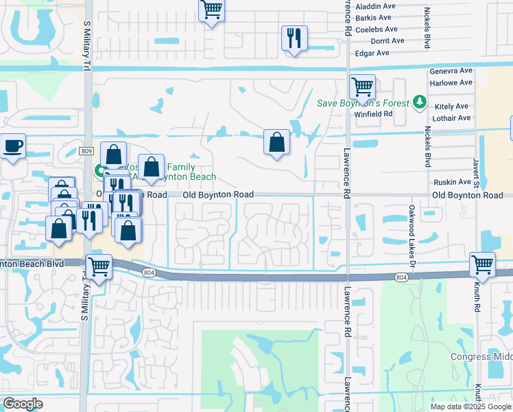 map of restaurants, bars, coffee shops, grocery stores, and more near 4290 Pear Tree Circle in Boynton Beach