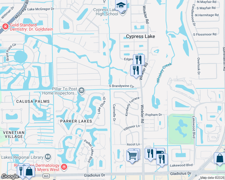 map of restaurants, bars, coffee shops, grocery stores, and more near 1417 South Larkwood Square in Fort Myers