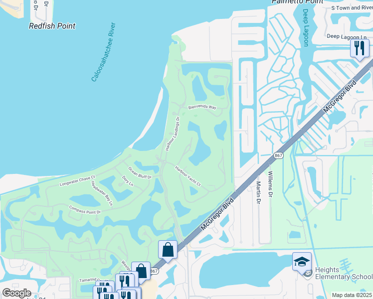 map of restaurants, bars, coffee shops, grocery stores, and more near 14332 Harbour Links Court in Fort Myers