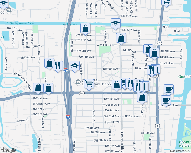 map of restaurants, bars, coffee shops, grocery stores, and more near 401 Northwest 5th Avenue in Boynton Beach