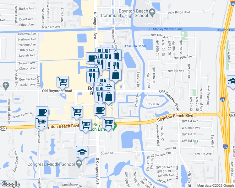 map of restaurants, bars, coffee shops, grocery stores, and more near 550 North Congress Avenue in Boynton Beach