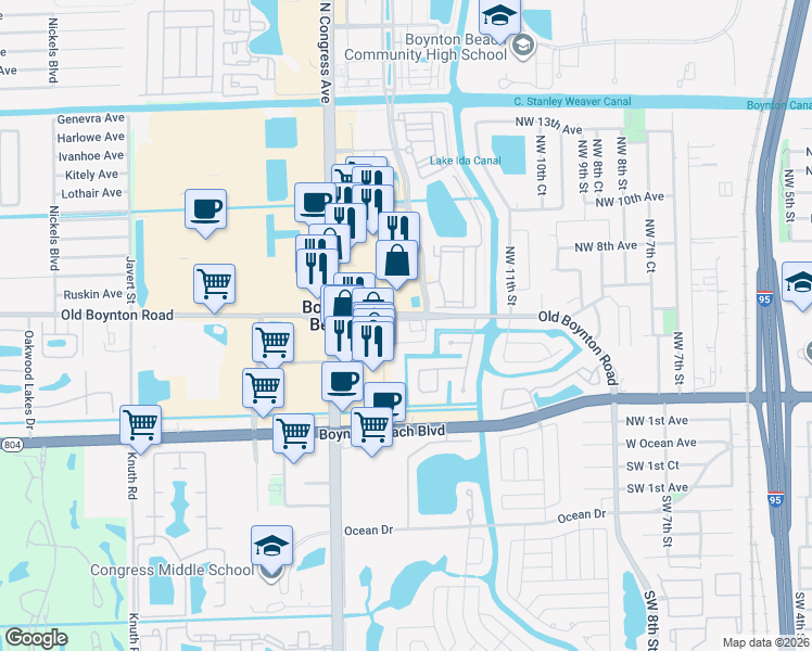 map of restaurants, bars, coffee shops, grocery stores, and more near 550 North Congress Avenue in Boynton Beach