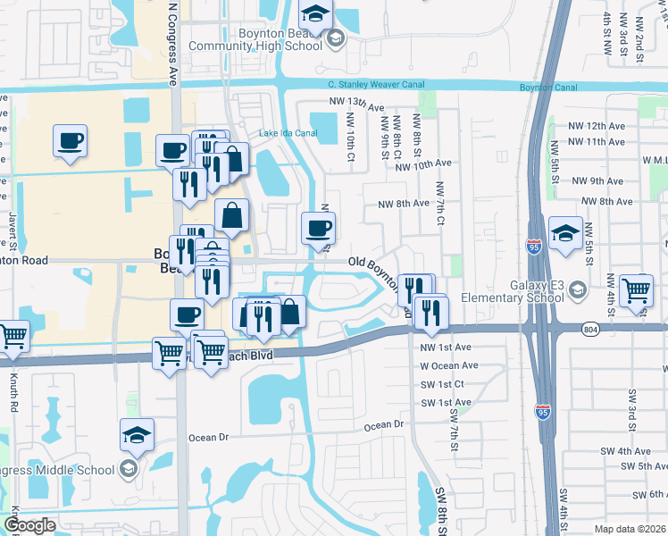 map of restaurants, bars, coffee shops, grocery stores, and more near 501 Northwest 11th Street in Boynton Beach