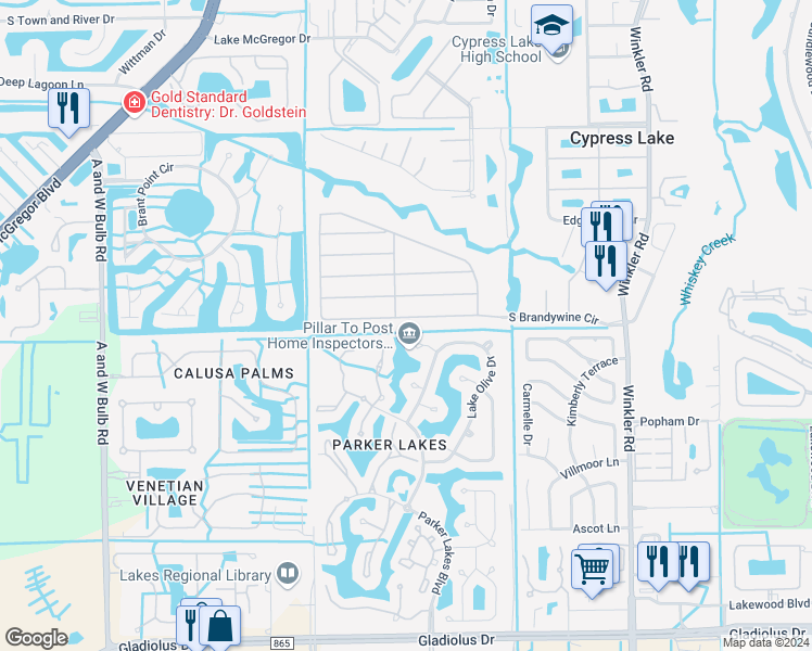 map of restaurants, bars, coffee shops, grocery stores, and more near 1287 South Brandywine Circle in Fort Myers