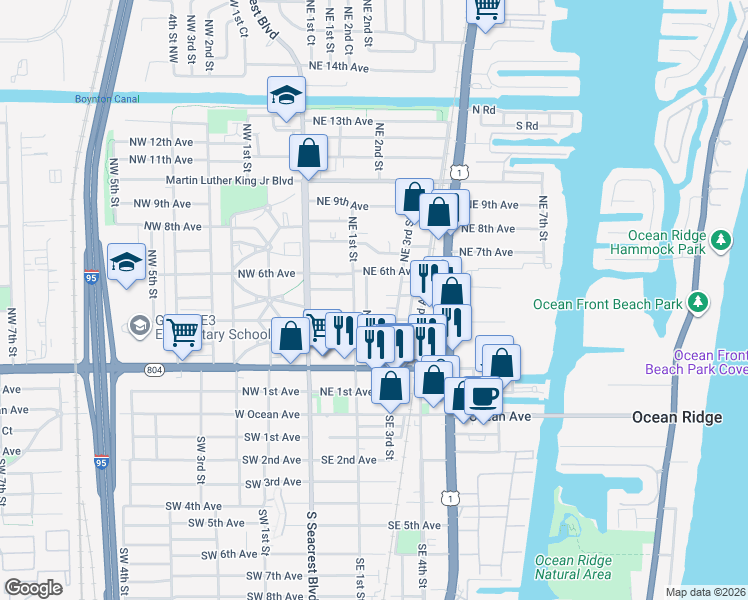 map of restaurants, bars, coffee shops, grocery stores, and more near 315 Northeast 5th Avenue in Boynton Beach