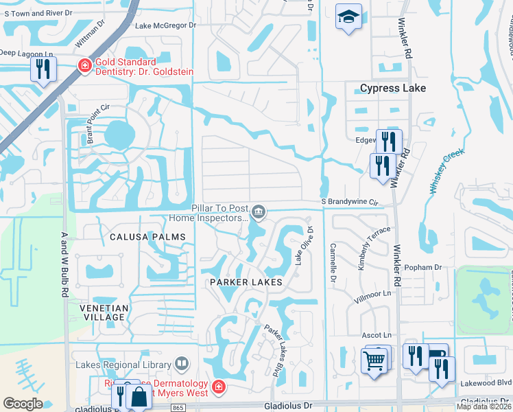 map of restaurants, bars, coffee shops, grocery stores, and more near 1287 South Brandywine Circle in Fort Myers