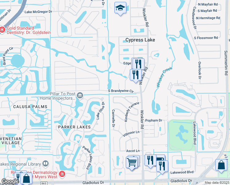 map of restaurants, bars, coffee shops, grocery stores, and more near 1424 South Brandywine Circle in Fort Myers