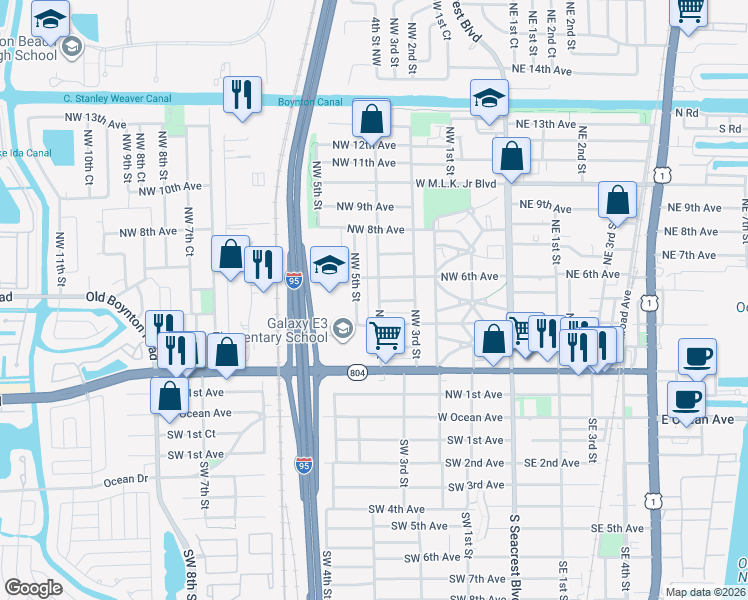 map of restaurants, bars, coffee shops, grocery stores, and more near 601 Northwest 4th Street in Boynton Beach