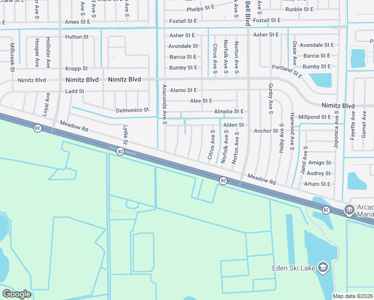 map of restaurants, bars, coffee shops, grocery stores, and more near 1043 Bradshaw Avenue South in Lehigh Acres