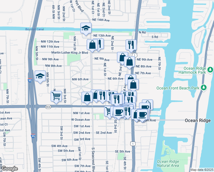 map of restaurants, bars, coffee shops, grocery stores, and more near 141 Northeast 5th Avenue in Boynton Beach