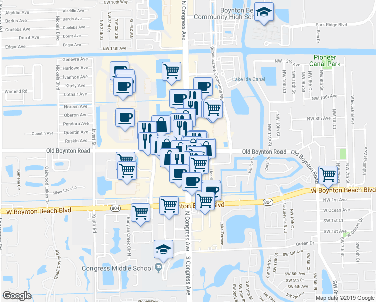map of restaurants, bars, coffee shops, grocery stores, and more near in Boynton Beach