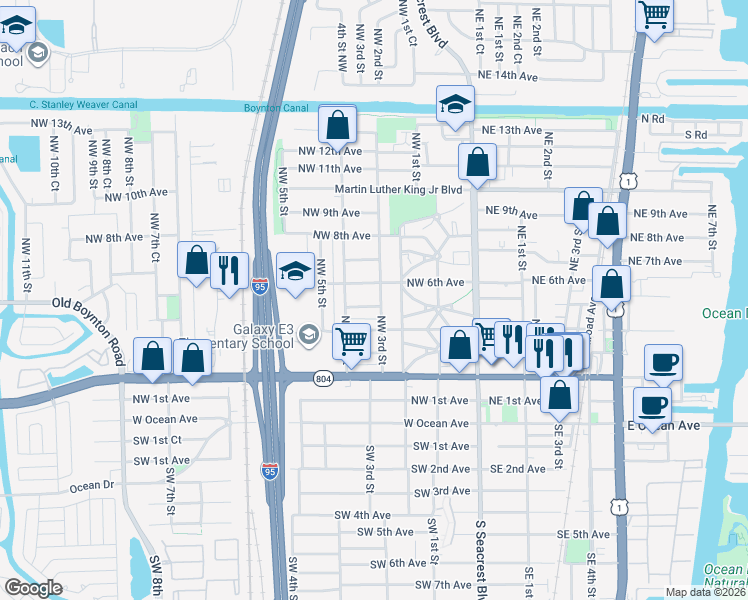 map of restaurants, bars, coffee shops, grocery stores, and more near 401 Northwest 5th Avenue in Boynton Beach