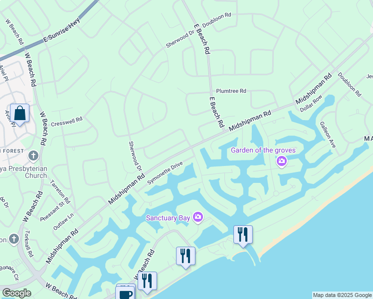 map of restaurants, bars, coffee shops, grocery stores, and more near Midshipman Road in Freeport