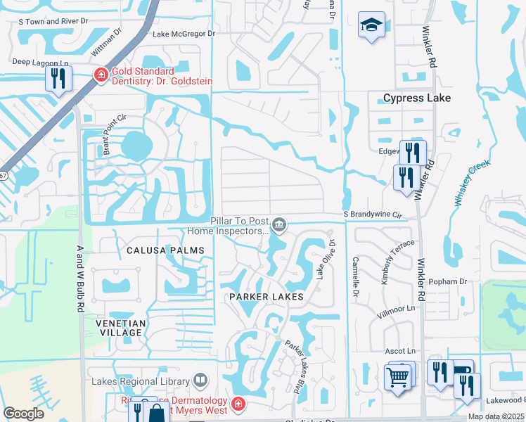map of restaurants, bars, coffee shops, grocery stores, and more near 1279 South Brandywine Circle in Fort Myers