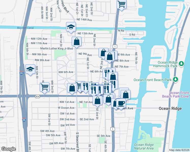 map of restaurants, bars, coffee shops, grocery stores, and more near 315 Northeast 5th Avenue in Boynton Beach