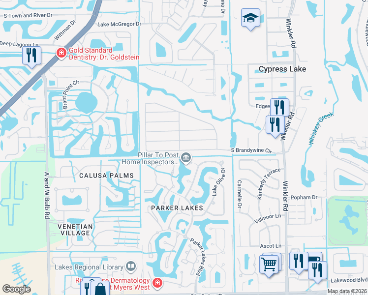 map of restaurants, bars, coffee shops, grocery stores, and more near 1287 South Brandywine Circle in Fort Myers