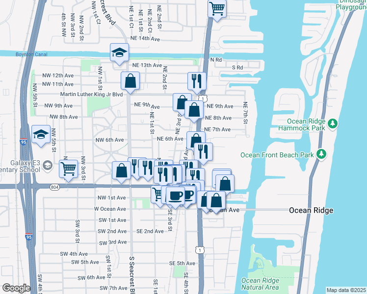 map of restaurants, bars, coffee shops, grocery stores, and more near 609 North Railroad Avenue in Boynton Beach