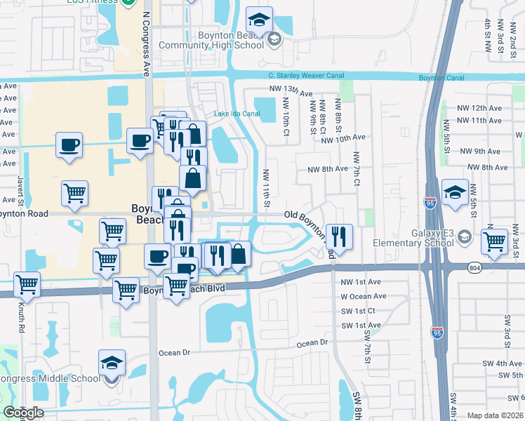 map of restaurants, bars, coffee shops, grocery stores, and more near 501 Northwest 11th Street in Boynton Beach