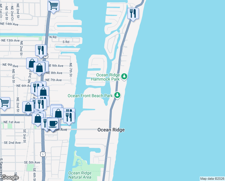 map of restaurants, bars, coffee shops, grocery stores, and more near 6530 North Ocean Boulevard in Ocean Ridge