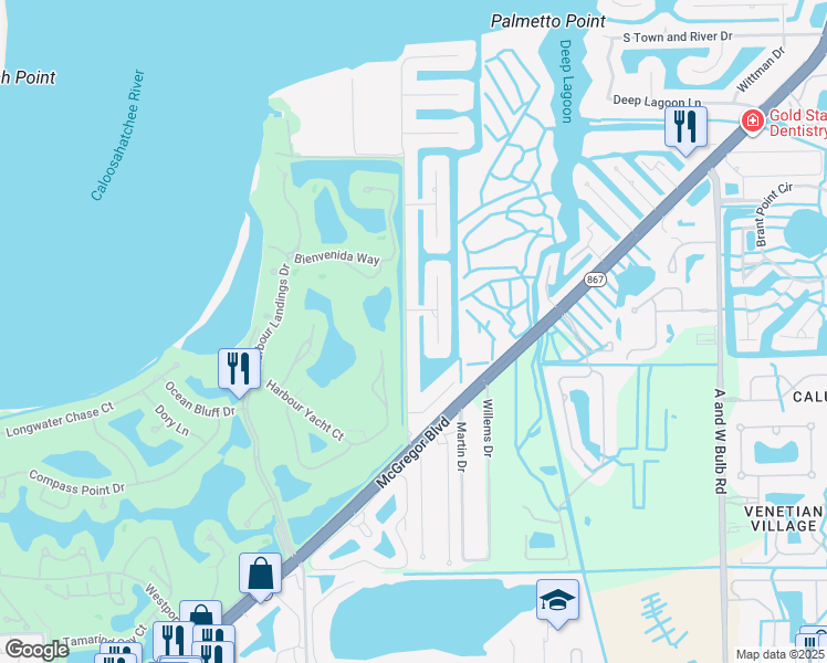 map of restaurants, bars, coffee shops, grocery stores, and more near 6812 Griffin Boulevard in Fort Myers