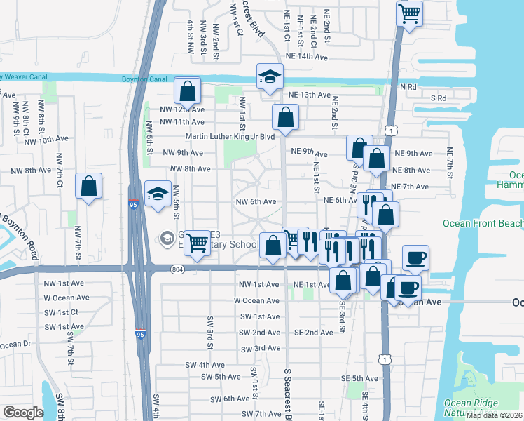 map of restaurants, bars, coffee shops, grocery stores, and more near 612 Northwest 1st Street in Boynton Beach