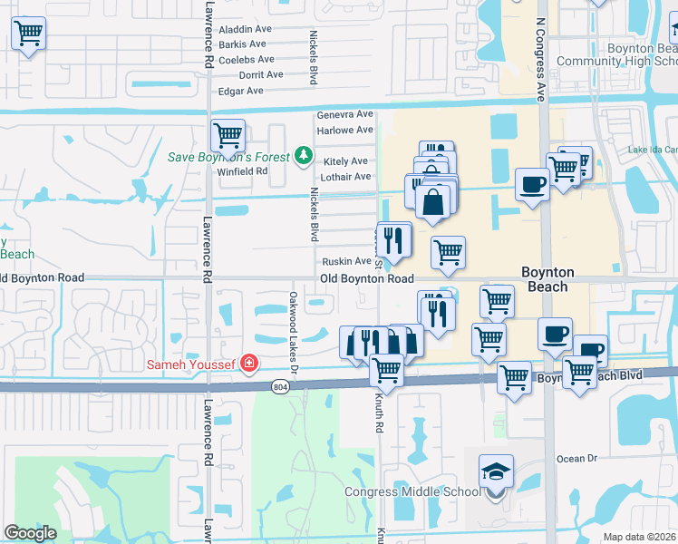 map of restaurants, bars, coffee shops, grocery stores, and more near 3587 Old Boynton Road in Boynton Beach
