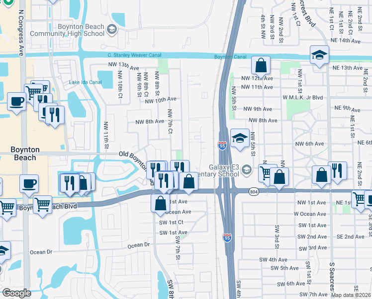 map of restaurants, bars, coffee shops, grocery stores, and more near 602 West Industrial Avenue in Boynton Beach