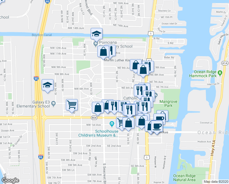 map of restaurants, bars, coffee shops, grocery stores, and more near 141 Northeast 5th Avenue in Boynton Beach