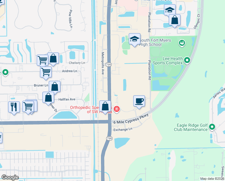 map of restaurants, bars, coffee shops, grocery stores, and more near 14401 Metro Parkway in Fort Myers