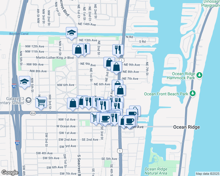 map of restaurants, bars, coffee shops, grocery stores, and more near 609 North Railroad Avenue in Boynton Beach