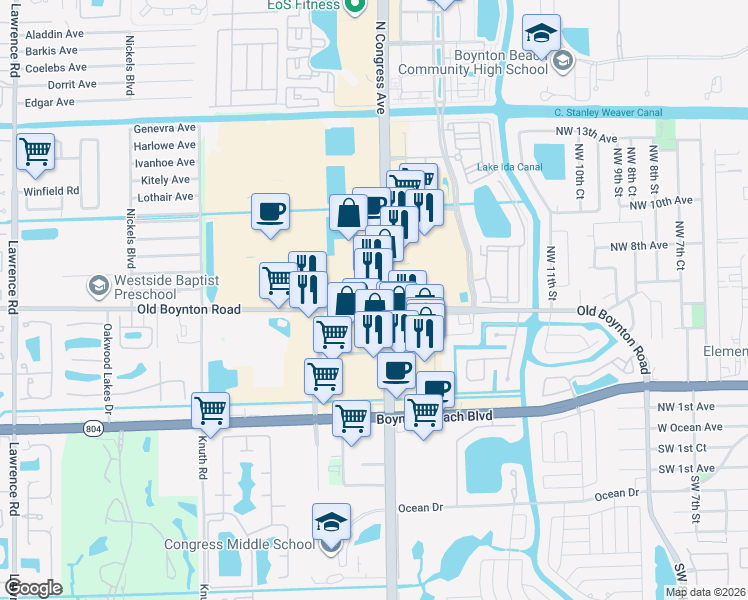 map of restaurants, bars, coffee shops, grocery stores, and more near 501 Congress Avenue in Boynton Beach